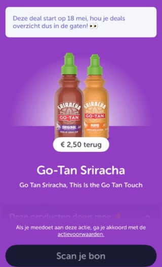 Go Tan Sriracha voor €0,39 na cashback via Tikkie