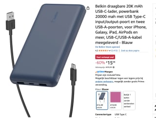Belkin USB/C 20K Powerbank voor €15,99 bij Amazon