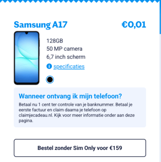 Samsung Galaxy A17 voor €72 (incl 2-jarig abbo)