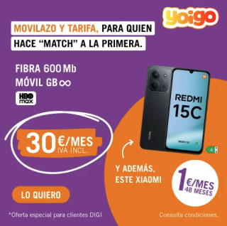Yoigo Fibra 600Mb + Fijo Móvil GB infinitos y llamadas + HBO max por 30€ (Digi)