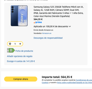 Móvil Samsung Galaxy S25 256GB Azul Marino por 564.35€ (Amazon student)