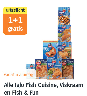 Alle Iglo Fish Cuisine, Viskraam en Fish & Fun 1+1 gratis bij de AH