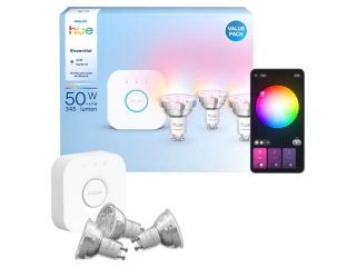 PHILIPS HUE Essential starterkit (1 Bridge, 3 GU10-spots) voor €44,99 bij MediaMarkt