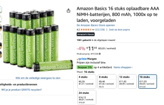 Amazon Basics 16 stuks oplaadbare AAA NiMH-batterijen, 800 mAh voor €11,03