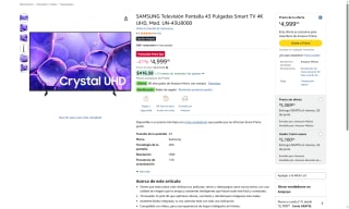 Smart TV Samsung 43" UHD por $3,899 | Amazon (BBVA)