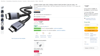 UGREEN 240W Cable USB C 40Gbps USB4.0 GEN3 8K 60Hz (1 m) por $159 en Amazon