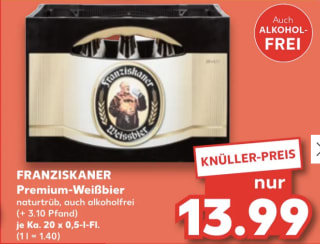 Krat Franziskaner Weissbier 20 halve liters voor €13,99 bij Kaufland