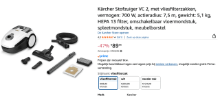 Kärcher stofzuiger VC 2 voor €89,95 bij Amazon