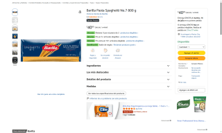 Barilla Spaghetti No.7 800g por $25 | Amazon
