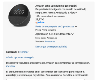 Amazon Echo Spot (última generación) por 25.37€ (devolviendo producto)