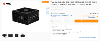 Fuente MSI MAG A850GLS PCIE5 80 PLUS Gold 850W por $1,389 | CyberPuerta