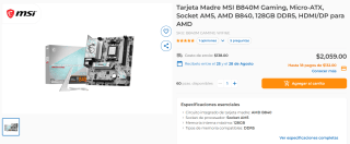 Tarjeta Madre MSI B840M Gaming Micro-ATX por $2,059 en CyberPuerta