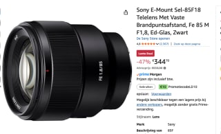 Sony E-Mount Sel-85F18 Telelens voor €344,70 bij Amazon