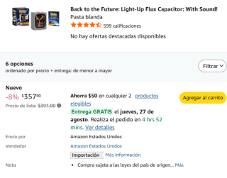 Back to the Future: Light-Up Flux Capacitor: With Sound! por $358 en Amazon