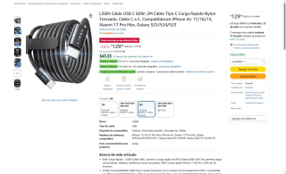Cable USB C LISEN 2m 60W por $130 | Oferta Amazon