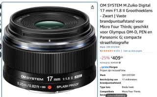 OM SYSTEM M.Zuiko Digital ED 17mm F/1.8 II voor €409,32 bij Amazon