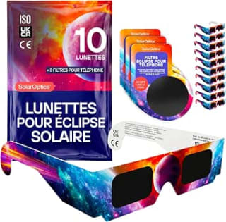 Pack de 10 Lunettes Éclipse Solaire ISO 12312-2 + 3 filtres smartphone à 8,54€