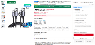 Cable USB UGREEN pack de 2 (2m) por $76 en AliExpress