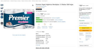 Premier Papel Higiénico Rendiplus 12 rollos (300 hojas) por $47 en Amazon