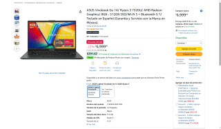 Laptop ASUS Vivobook Go 14 Ryzen 3 8GB 512GB por $4,875 | Amazon (Santander)