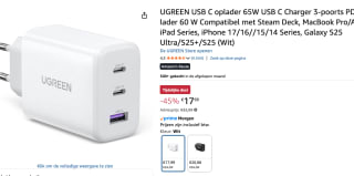 UGREEN USB C oplader 65W USB C Charger 3-poorts voor €17,99 bij Amazon