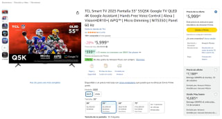 TV TCL 55Q5K (55") por $4,699 en Amazon