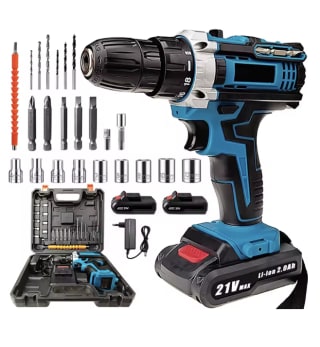 Taladro de impacto inalámbrico 21 2 baterías iones de litio y kit accesorios a 18.39€