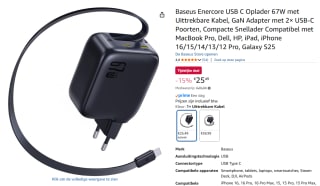 Baseus Enercore USB C Oplader 67W voor €25,49 bij Amazon
