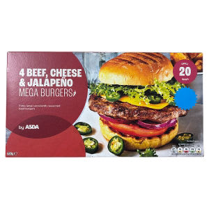 ASDA 4 Beef, Cheese & Jalapeño Mega Burgers 680g for £1 at Asda