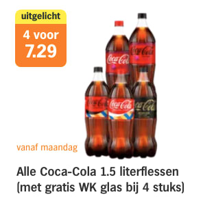 Alle Coca-Cola 1.5 literflessen (met gratis WK glas bij 4 stuks) voor €7,29 bij de AH