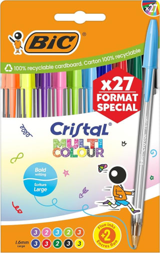 BIC Cristal Multicolour punta ancha (1,6 mm) pack de 27 por 6,85€ en Amazon