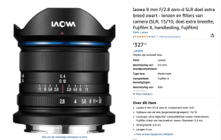 Laowa 9mm F/2.8 Zero-D Fujifilm X voor €327,13 bij Amazon