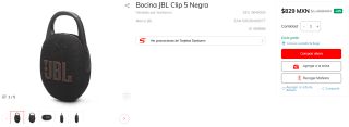 Bocina JBL Clip 5 Negra por $829 | Descuento Sanborns