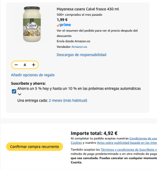 4 botes Mayonesa casera Calvé frasco 430 ml por 4.92€