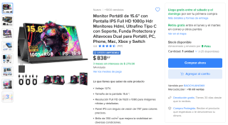Monitor portátil 15.6" IPS Full HD 1080p por $754 en Mercado Libre