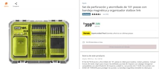Ryobi set de perforación y atornillado (101 piezas) por $359 en Home Depot