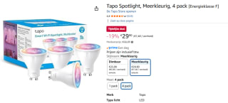 TP-Link Tapo L630 - Wit en Gekleurd Licht - GU10 - 4-pack voor €29,90 bij Amazon