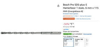 Bosch Pro SDS-plus-5 Hamerboor 6 mm x 115 mm voor €1,72 bij Amazon
