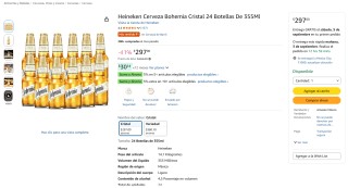 Heineken Bohemia Cristal 24 botellas de 355ml por $297 en Amazon