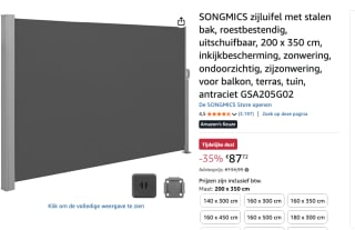 SONGMICS Zijluifel 200 x 350 cm antraciet voor €87,72 bij Amazon