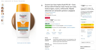 Eucerin Sun Face Hydro Fluid FPS 50 (50 ml, Tono Bronze) por $199 en Amazon