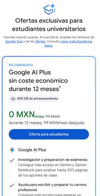 12 meses de Google AI Plus Gratis para Estudiantes en Google Play