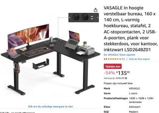 VASAGLE In hoogte verstelbaar bureau, 160 x 140 cm, L-vormig voor €135,99 bij Amazon