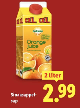 2 liter sinaasappelsap voor €2,69 bij de Lidl