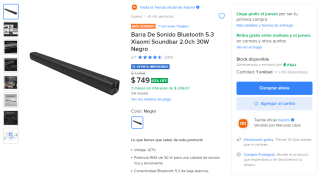 Xiaomi Soundbar 2.0ch 30W por $749 en Mercado Libre