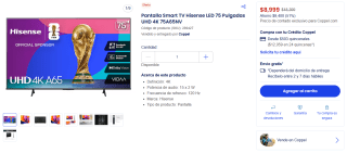 Smart TV Hisense LED 75" UHD 4K 75A65NV por $8,999 | Coppel