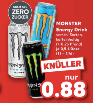 Monster Energy (0,5 L blik) voor €0,88 bij Kaufland (Duitsland)