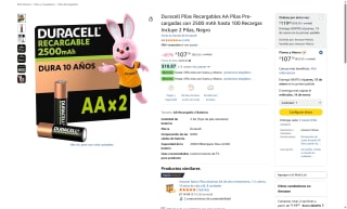 2 Pilas Duracell AA 2500mAh Negro por $107 | Amazon