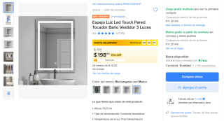 Espejo de luz LED touch 52.5 cm para pared por $199 en Mercado Libre