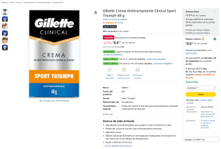 Gillette Crema Antitranspirante Clinical Sport Triumph 48g por $49 en Amazon
